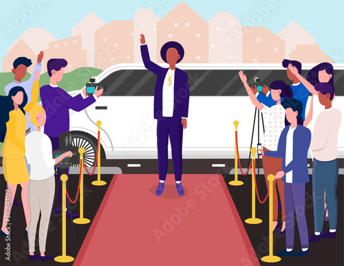 The celebrity standing and waving near the white limousine on the red carpet, surrounded by a crowd of fans and reporters. Flat vector illustration.