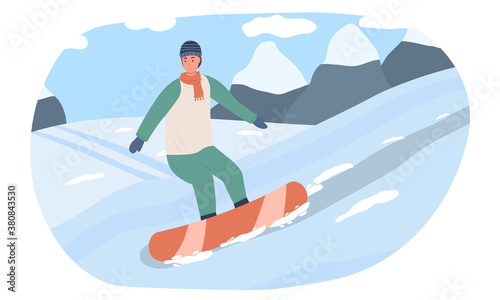 A young man descends from a snow-covered mountain on a snowboard. Flat vector illustration