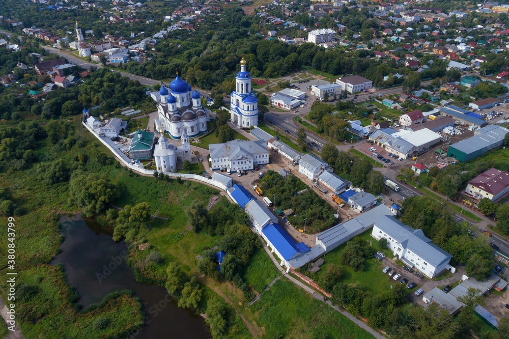 Aerial view of the Holy Bogolyubskiy Convent on a sunny August day. Bogolyubovo, Russia