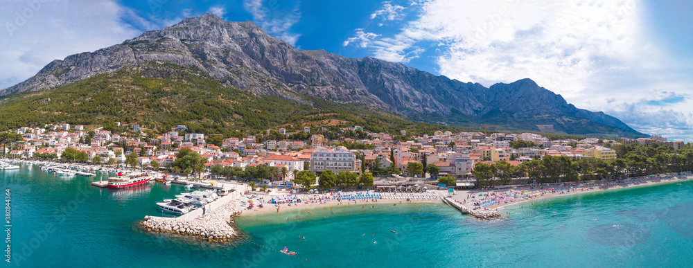Adriatic town of Baska Voda beaches and waterfront aerial panoramic view