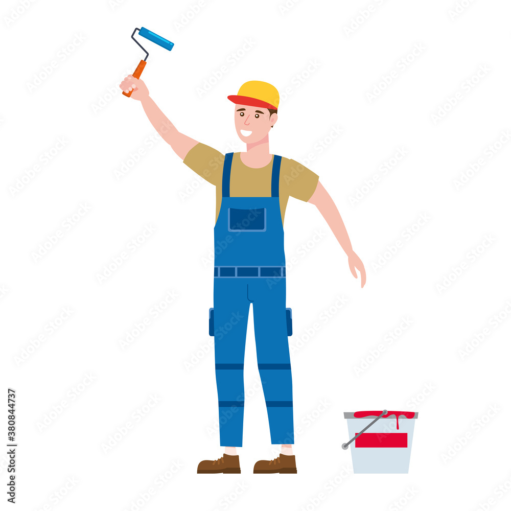 Construction worker painter with brush and paint bucket in workwear Construction worker painter with brush and paint bucket in workwear