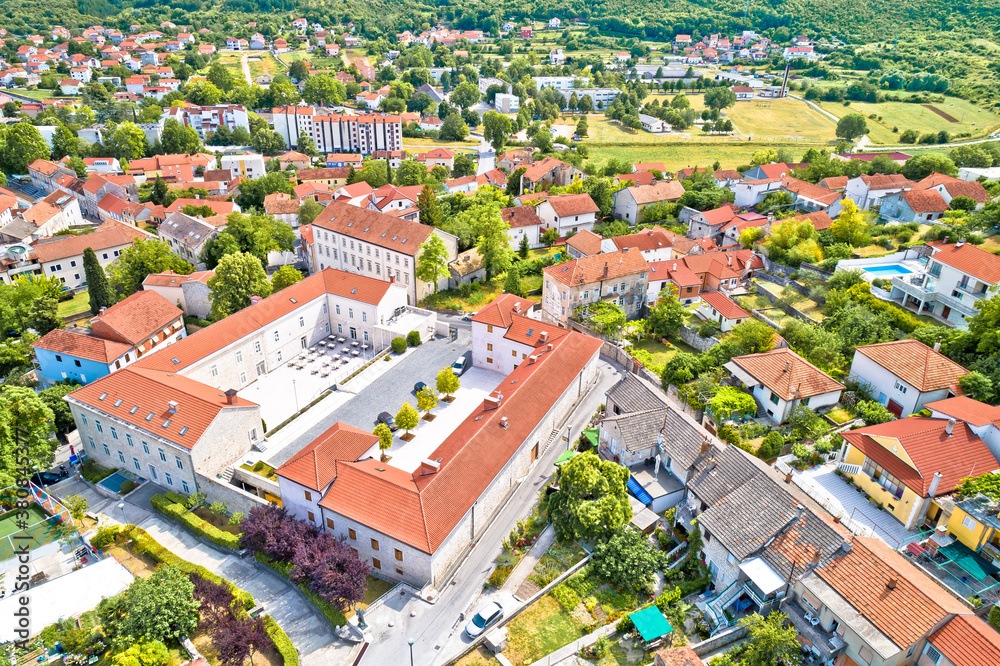 Town of Sinj in Dalmatia hinterland city center aerial view