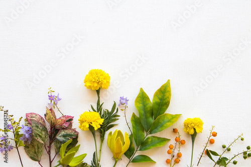 yellow flower marigold ,ylang ylang ,purple flowers and leaf arrangement flat lay postcard style on background white 