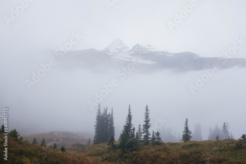 mountain top emerging from fog in northwest mountain landscape