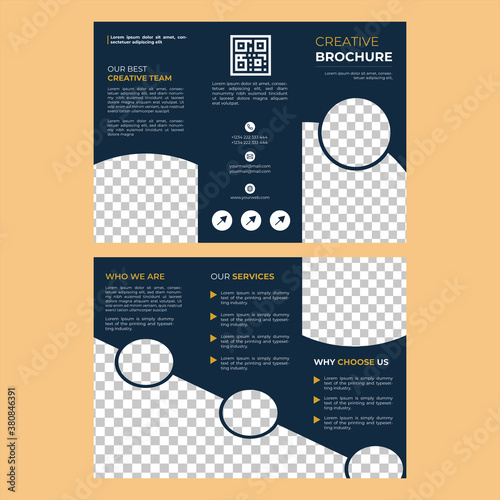 Photography Portfolio trifold 6 page vector template brochure, presentation, leaflet, magazine a4 size. Blue and white with yellow geometric elements trifold vector brochure