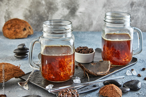 Thai Iced Coffee with Coconut Milk with Crushed Ice in a Mason Jar