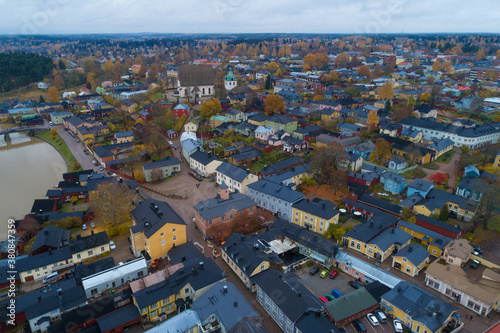 View from height to old Porvoo on a cloudy October day. Finland