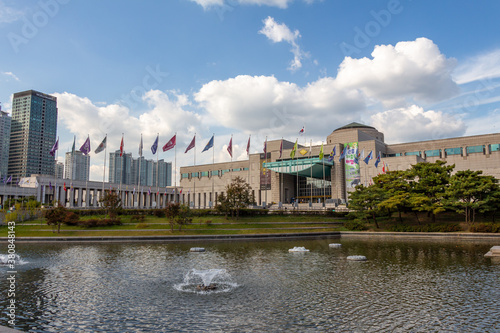 Lake and fountain at the War Memorial of Korea Museum, Seoul, South Korea