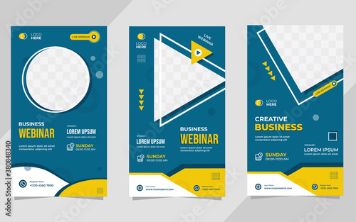 Set of minimalist social media stories post template for Business Webinar, Creative webinar, Online Education and other online seminars. Memphis style with Blue and Yellow background