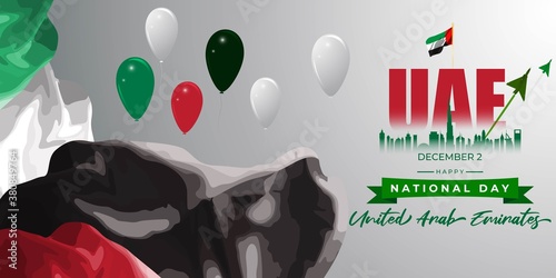 Vector illustration of United Arab Emirates national day, 2nd december, UAE flag, UAE skyline, airforce craft, balloons.