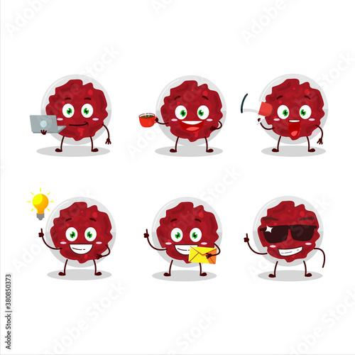 Mashed cranberry cartoon character with various types of business emoticons