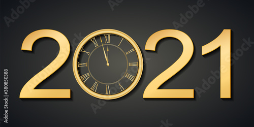 Black and golden shiny 2021 New Year web banner. Card with snow, reflection and round clock the chimes Kremlin Spasskaya background. Isolated 3d illustration.