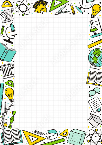 A vertical rectangular frame made of hand-drawn school elements. Background from a notebook sheet in a box. Vector illustration in doodle style for decoration of school banners, projects, posters.
