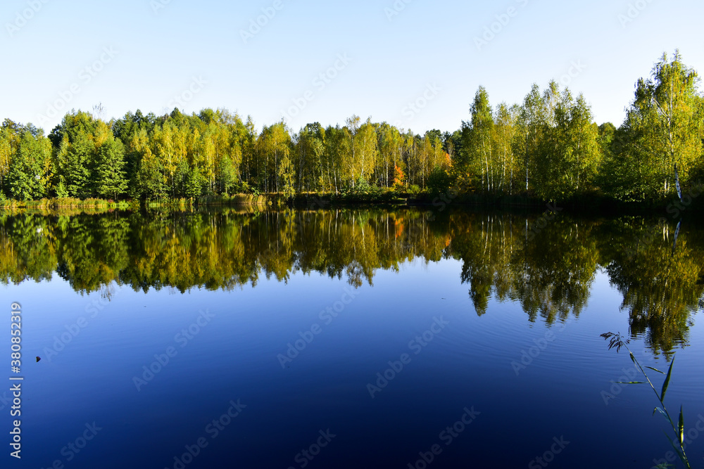Obraz premium mirror surface of a pond in a village
