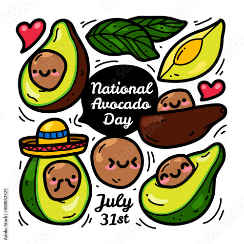 doodle collection set of Avocado element. National avocado day