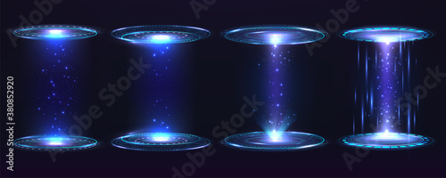 Futuristic portal circle, hologram. Set of digital elements virtual interface Hug Gui graphic motion with blue rays light.