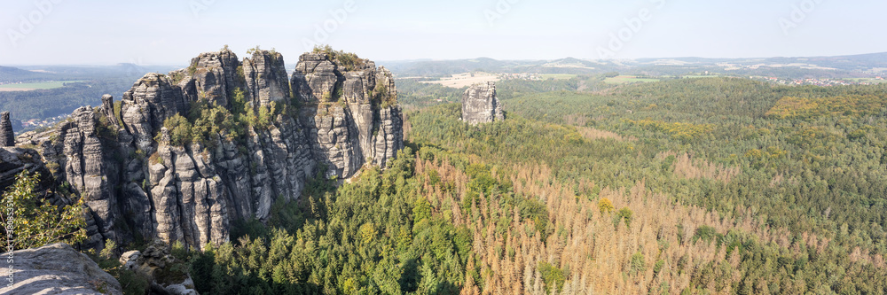 Panoramic view on the schrammstein rocks in saxon switzerland. Saxony. Germany