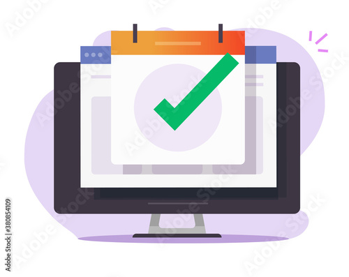 Scheduled event appointment date on online calendar, planned task to do list important finished notice on computer pc vector flat cartoon icon, illustration of web agenda icon isolated