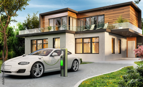 Modern home and electric car © slavun