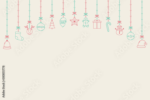 Beautiful Christmas icons hanging on bright background with copyspace. Xmas ornament. Vector