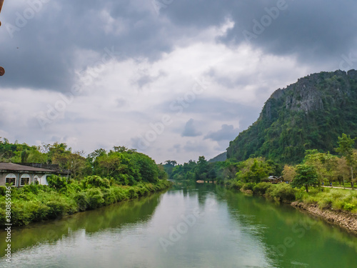 Beautiful view of nam song river with mountain view at Vangvieng city Lao.Vangvieng City The famous holiday destination town in Lao.