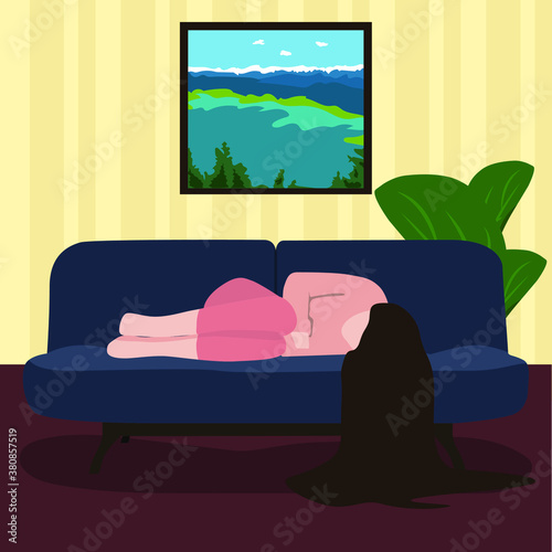 Vector drawing of a sad girl in depression with fluttering hair lies on the sofa in a flat style. Depressed teenager in cartoon style