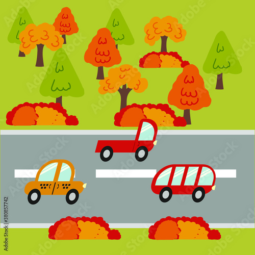 Vector drawing of cars on the way along the road along the forest  trees in flat design. Road  driving  transportation in cartoon style.