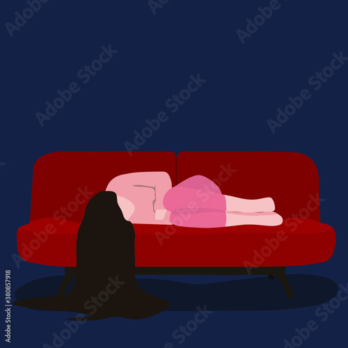 Vector drawing of a sad girl in depression with fluttering hair lies on the sofa in a flat style. Depressed teenager in cartoon style
