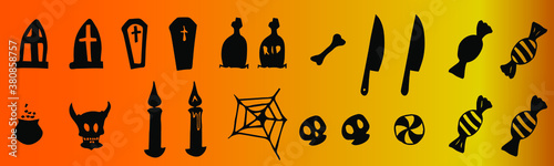 Happy Halloween, October 31 All Saints Day, attributes of the holiday isolated icons coffin, skull, death, cauldron, candies freehand drawings in vector