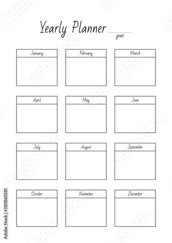 Yearly Planner. Blank printable vertical notebook page. Vector 8 ESP.