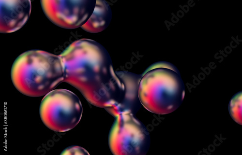 Abstract holographic floating liquid blobs on black background. soap bubbles  metaballs. 3d render.