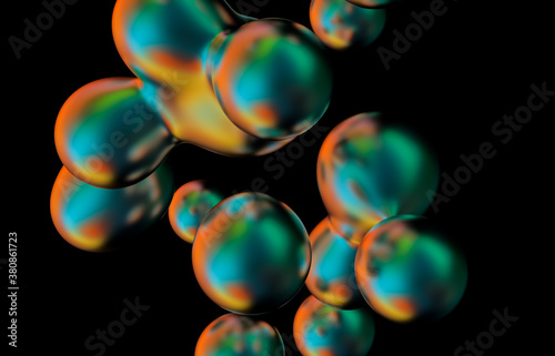 Abstract holographic floating liquid blobs on black background. soap bubbles, metaballs. 3d render.