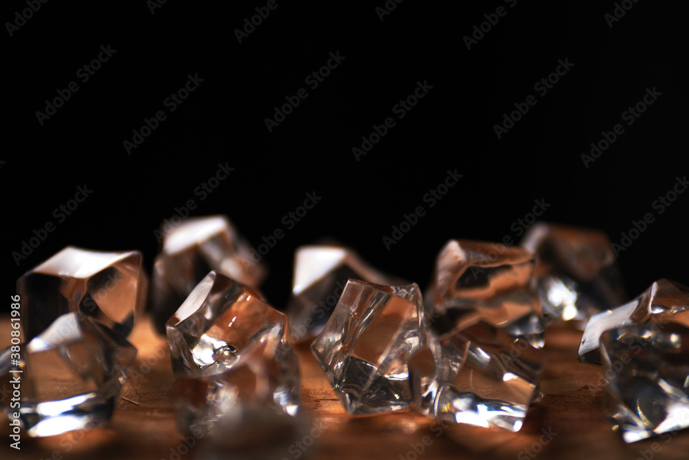 Close-up view the crystals on the wooden floor Close-up view the crystals on the wooden floor