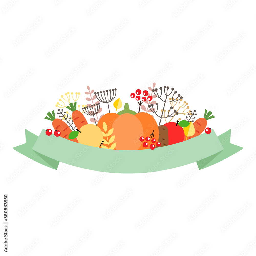 Thanksgiving Day design element. Autumn vignette of vegetables, autumn leaves, plants and berries with green ribbon isolated on white. Can be used for Thanksgiving Day invitation, autumn greeting card Thanksgiving Day design element. Autumn vignette of vegetables, autumn leaves, plants and berries with green ribbon isolated on white. Can be used for Thanksgiving Day invitation, autumn greeting card