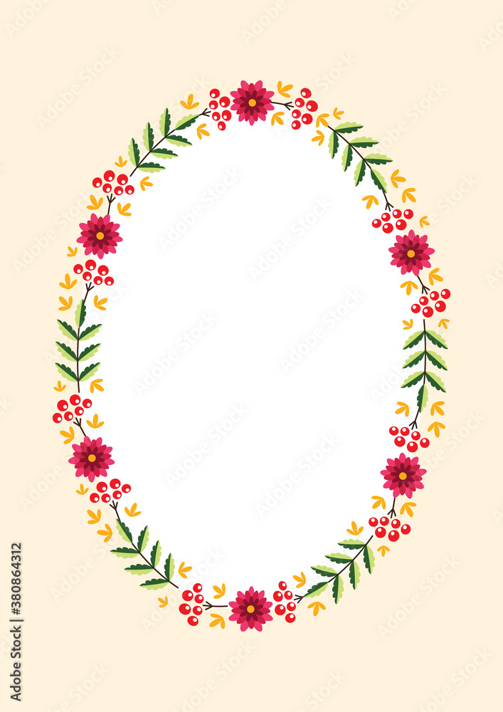 September oval frame. Autumn wreath with colorful autumn leaves and flowers on a light orange background. Can be used as Thanksgiving Day invitation, autumn greeting card or gift tag. Vector 8 EPS.