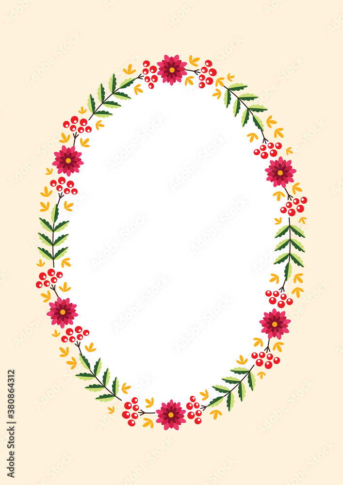 September oval frame. Autumn wreath with colorful autumn leaves and flowers on a light orange background. Can be used as Thanksgiving Day invitation, autumn greeting card or gift tag. Vector 8 EPS. September oval frame. Autumn wreath with colorful autumn leaves and flowers on a light orange background. Can be used as Thanksgiving Day invitation, autumn greeting card or gift tag. Vector 8 EPS.