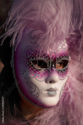 The Carnival of Venice: Piazza San Marco, Venice, Italy. Close-up of a masked reveller's beautiful purple and white mask. 