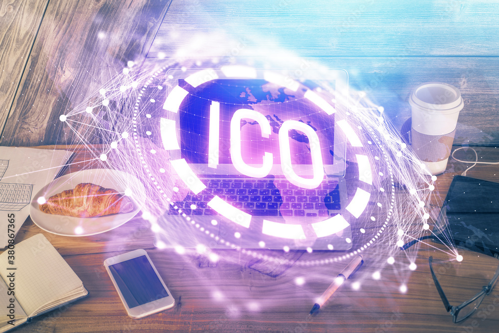 Double exposure of blockchain theme hologram and table with computer background. Concept of bitcoin crypto currency. Double exposure of blockchain theme hologram and table with computer background. Concept of bitcoin crypto currency.