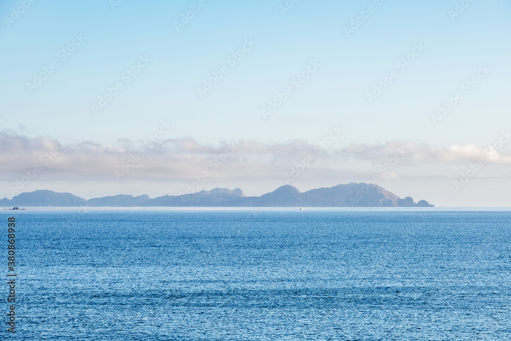 Panorama view of Cies islands in the Ría de Vigo in Galicia, Spain.