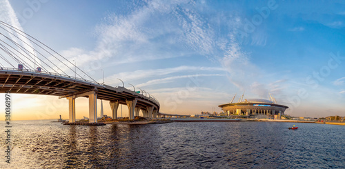 Bilde på lerret Panoramic view of Zenith arena football stadium, cable-stayed bridge and highway at sunset