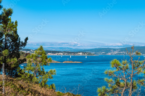 Aerial view of the Galician coast at the opening of the Ria de Pontevedra, were the Atlantic ocean meets the land.