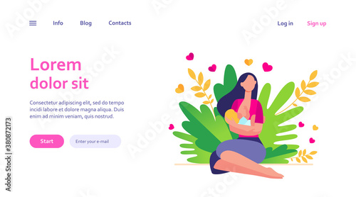New mother feeding baby with breast. Young woman holding little child in arms. Vector illustration for breastfeeding, health, baby food, motherhood, care concept
