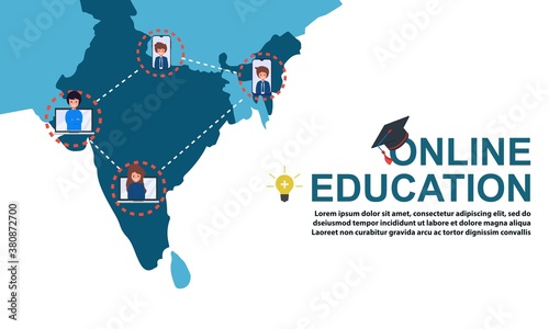 Online education with maps of India and ad distance course tutorials and study slogans anywhere anytime Free Vector