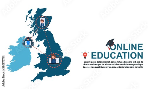Online education with Map of United Kingdom and ad distance course tutorials and study slogans anywhere anytime Free Vector