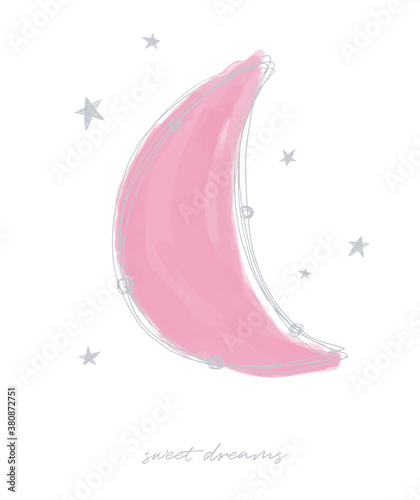 Sweet Dreams. Cute Simple Baby Shower Vector Card. Pink Hand Drawn New Moon and Gray Sketches Stars Isolated on a White Background. Pastel Color Baby Girl Nursery Art.