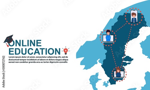 Online education with Map of Sweden and ad distance course tutorials and study slogans anywhere anytime Free Vector