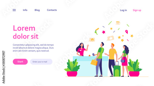 Tourists with bags checking in at hotel. Queue of people standing at reception desk in hotel lobby. Vector illustration for travel, business, tourism concept