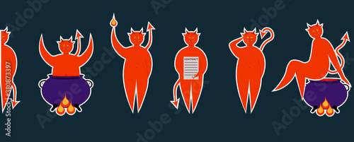 Set of red devils stickers in different pose for Halloween. Costume for masquerade. Cute vector illustration on isolated background.