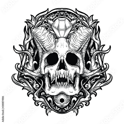 tattoo and t-shirt design black and white hand drawn devil skull and diamond engraving ornament premium vector