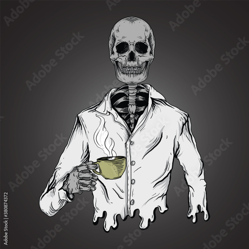 artwork illustration and t-shirt design  skeleton drink coffee premium vector